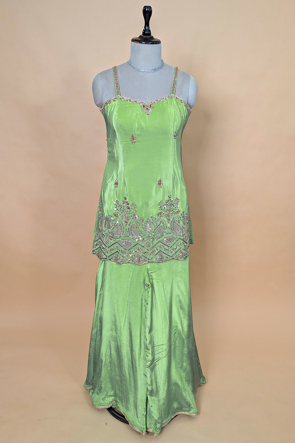 Mint Green Crepe Silk Sequin Cutdana Worked Palazzo Suit