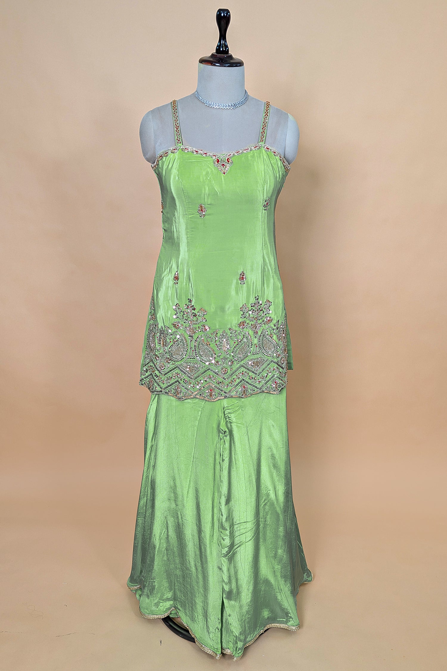 Mint Green Crepe Silk Sequin Cutdana Worked Palazzo Suit