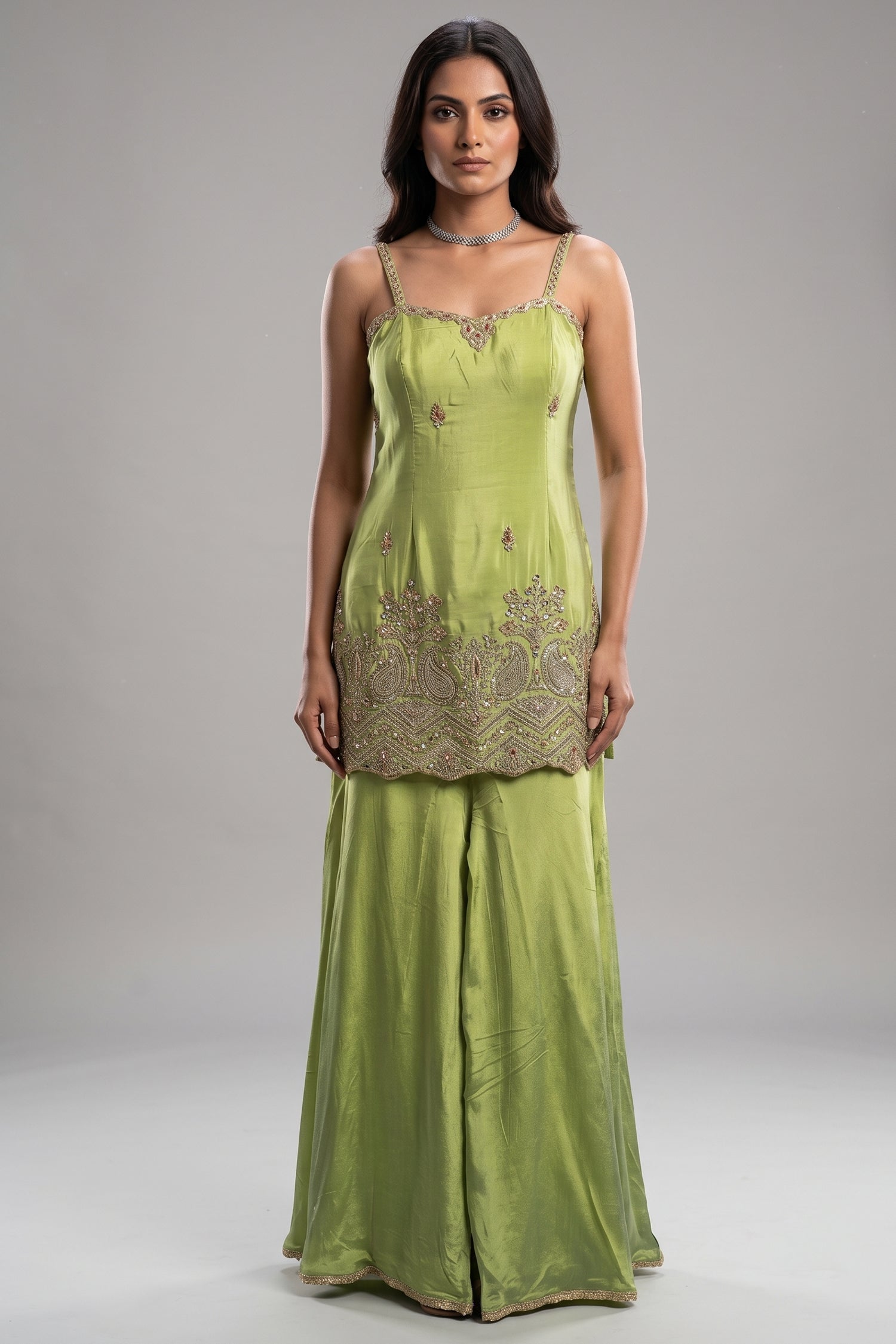 Mint Green Crepe Silk Sequin Cutdana Worked Palazzo Suit Main image