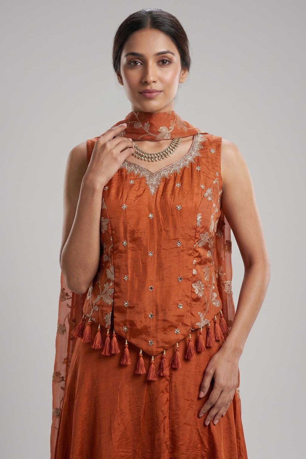 Orange Crepe Silk Woven Work Palazzo Suit with Cutdana and Diamond Work