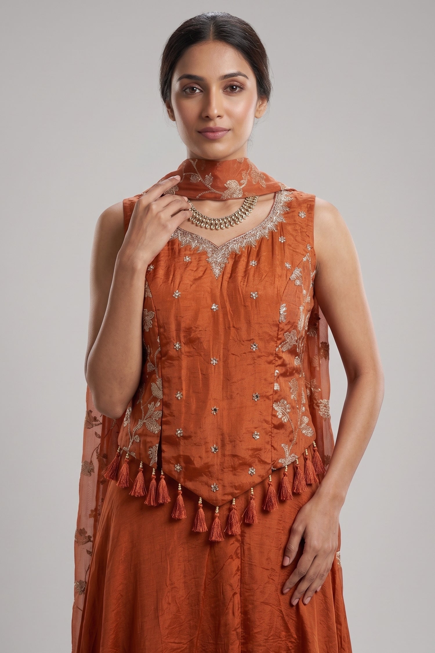 Orange Crepe Silk Woven Work Palazzo Suit with Cutdana and Diamond Work