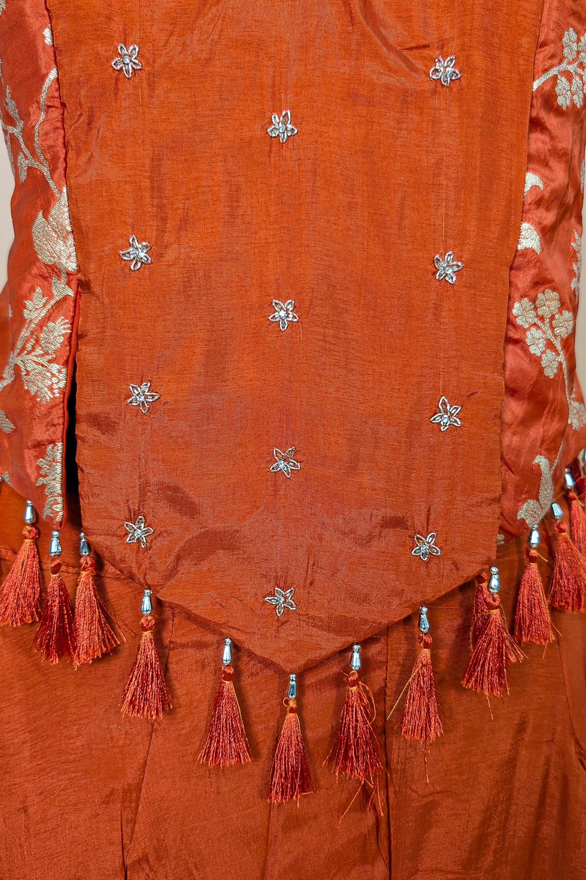 Orange Crepe Silk Woven Work Palazzo Suit with Cutdana and Diamond Work