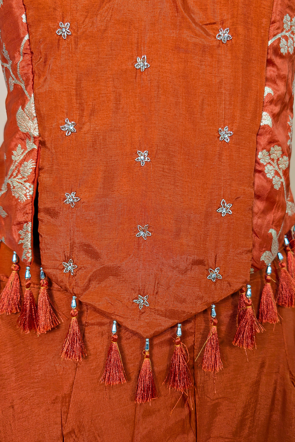 Orange Crepe Silk Woven Work Palazzo Suit with Cutdana and Diamond Work