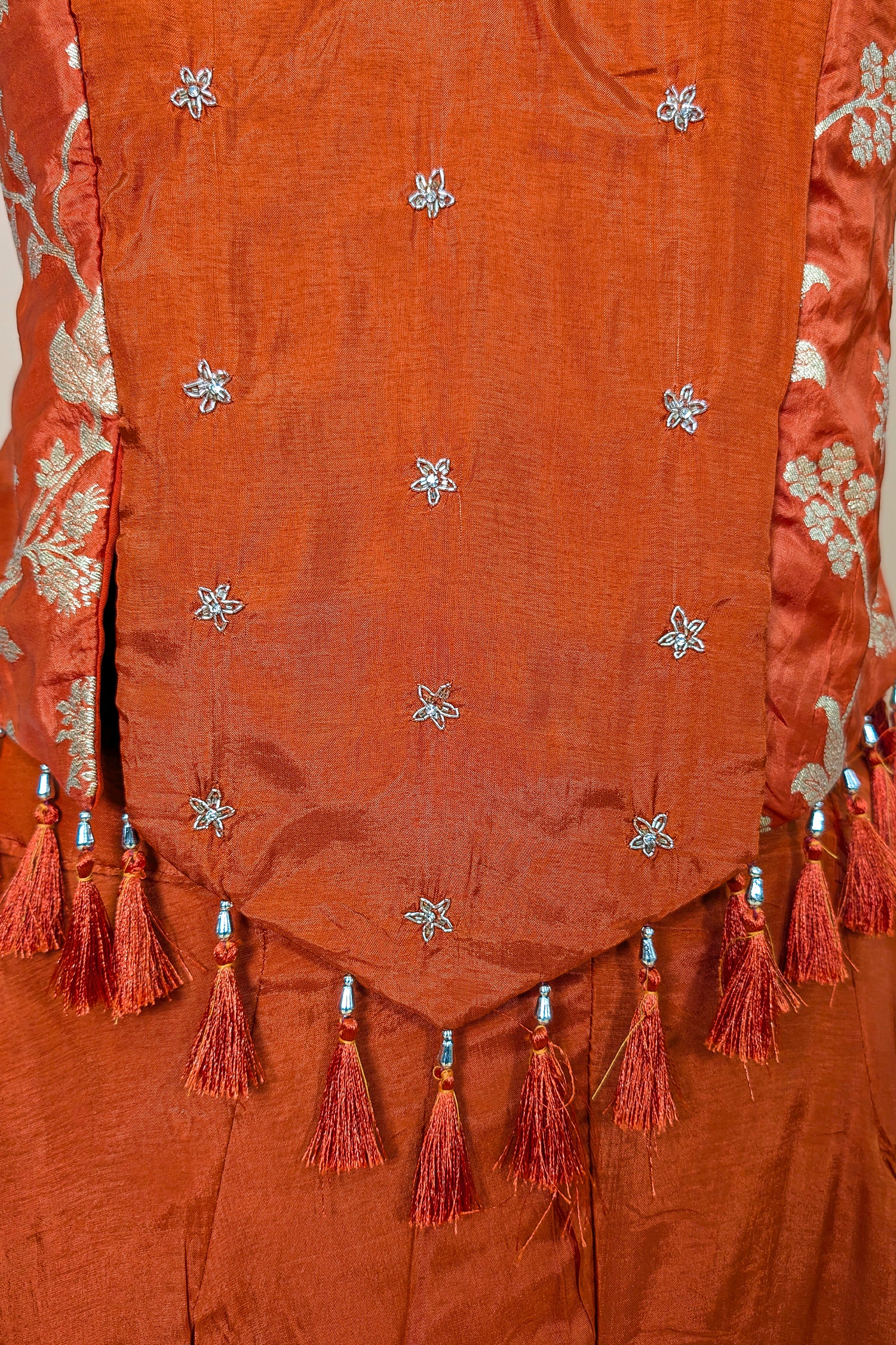 Orange Crepe Silk Woven Work Palazzo Suit with Cutdana and Diamond Work