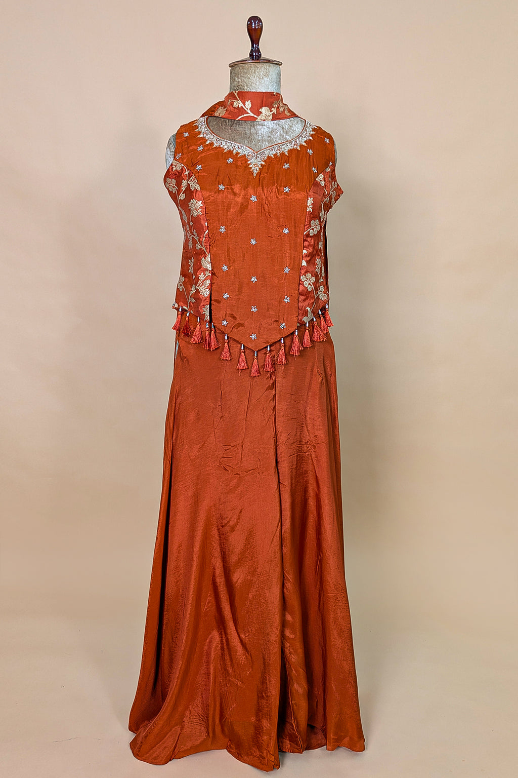 Orange Crepe Silk Woven Work Palazzo Suit with Cutdana and Diamond Work