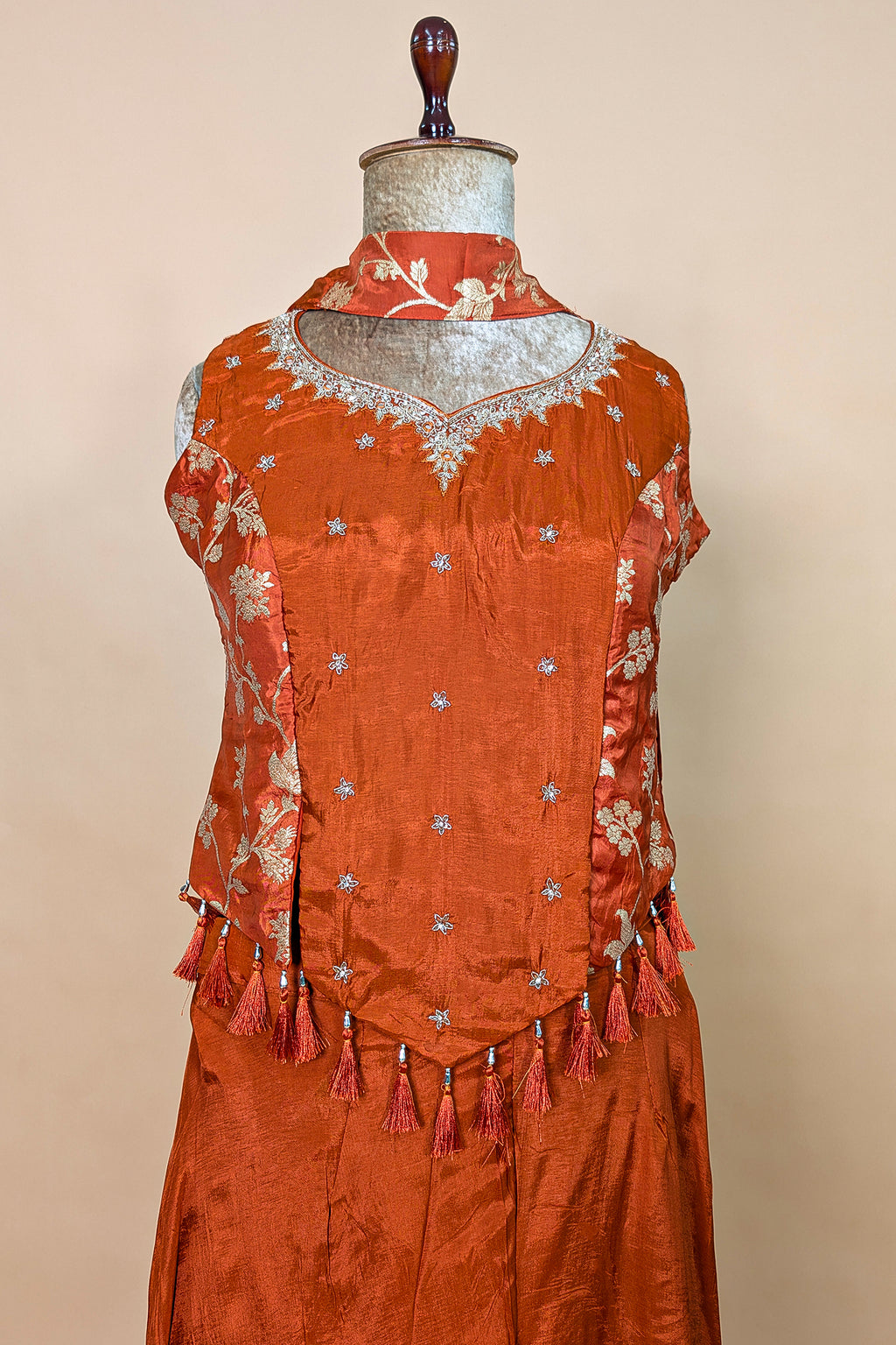 Orange Crepe Silk Woven Work Palazzo Suit with Cutdana and Diamond Work