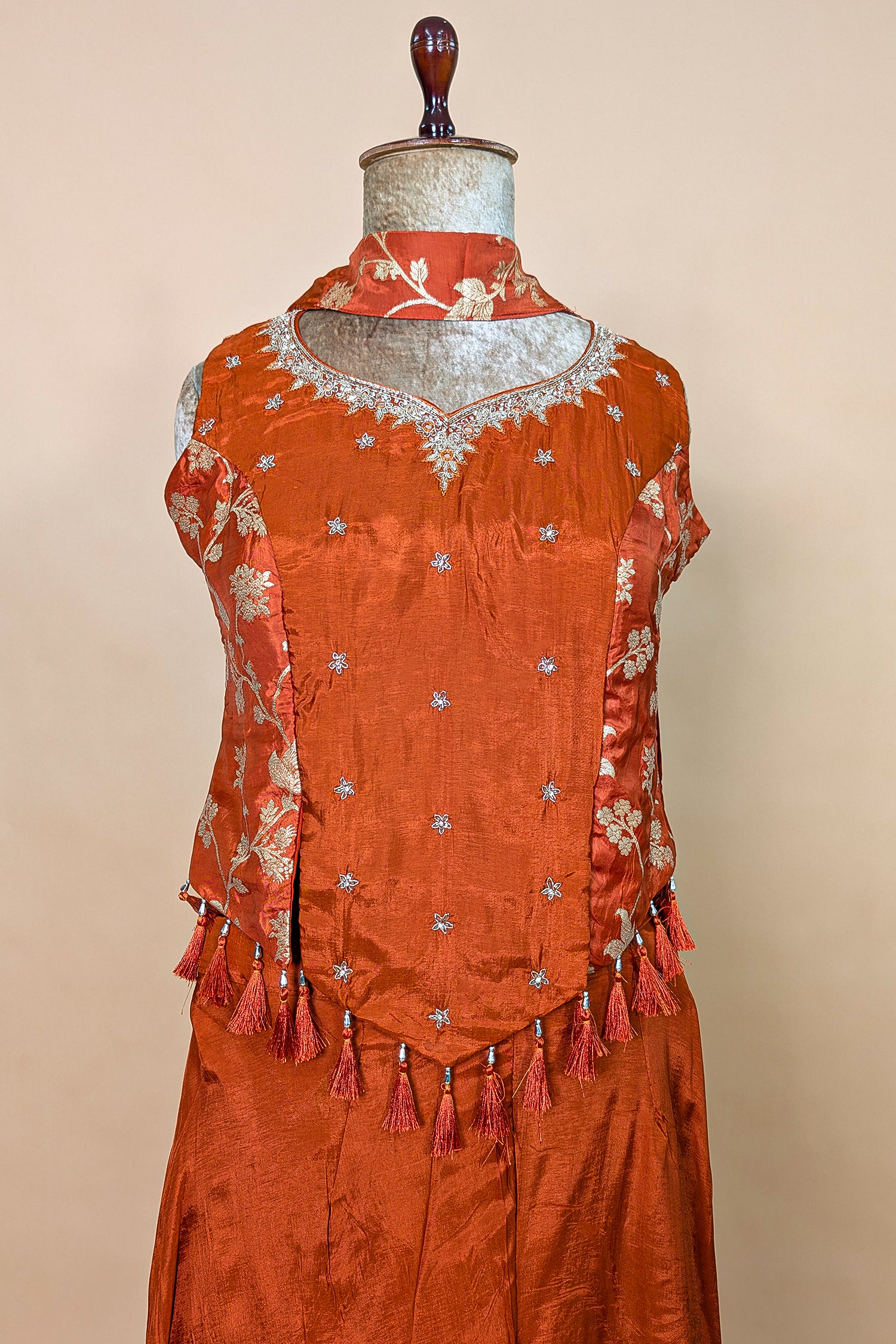 Orange Crepe Silk Woven Work Palazzo Suit with Cutdana and Diamond Work