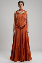Orange Crepe Silk Woven Work Palazzo Suit with Cutdana and Diamond Work