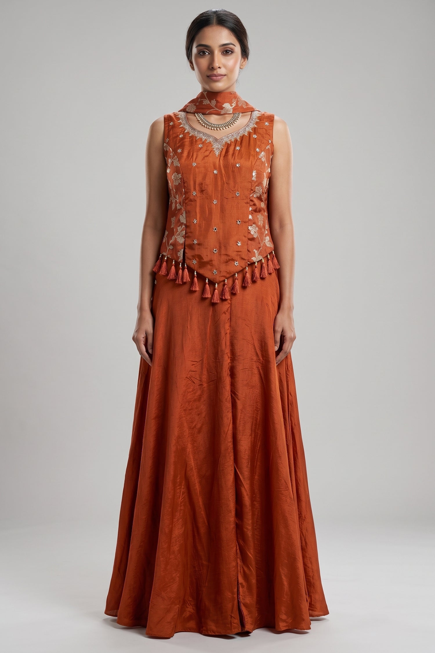 Orange Crepe Silk Woven Work Palazzo Suit with Cutdana and Diamond Work