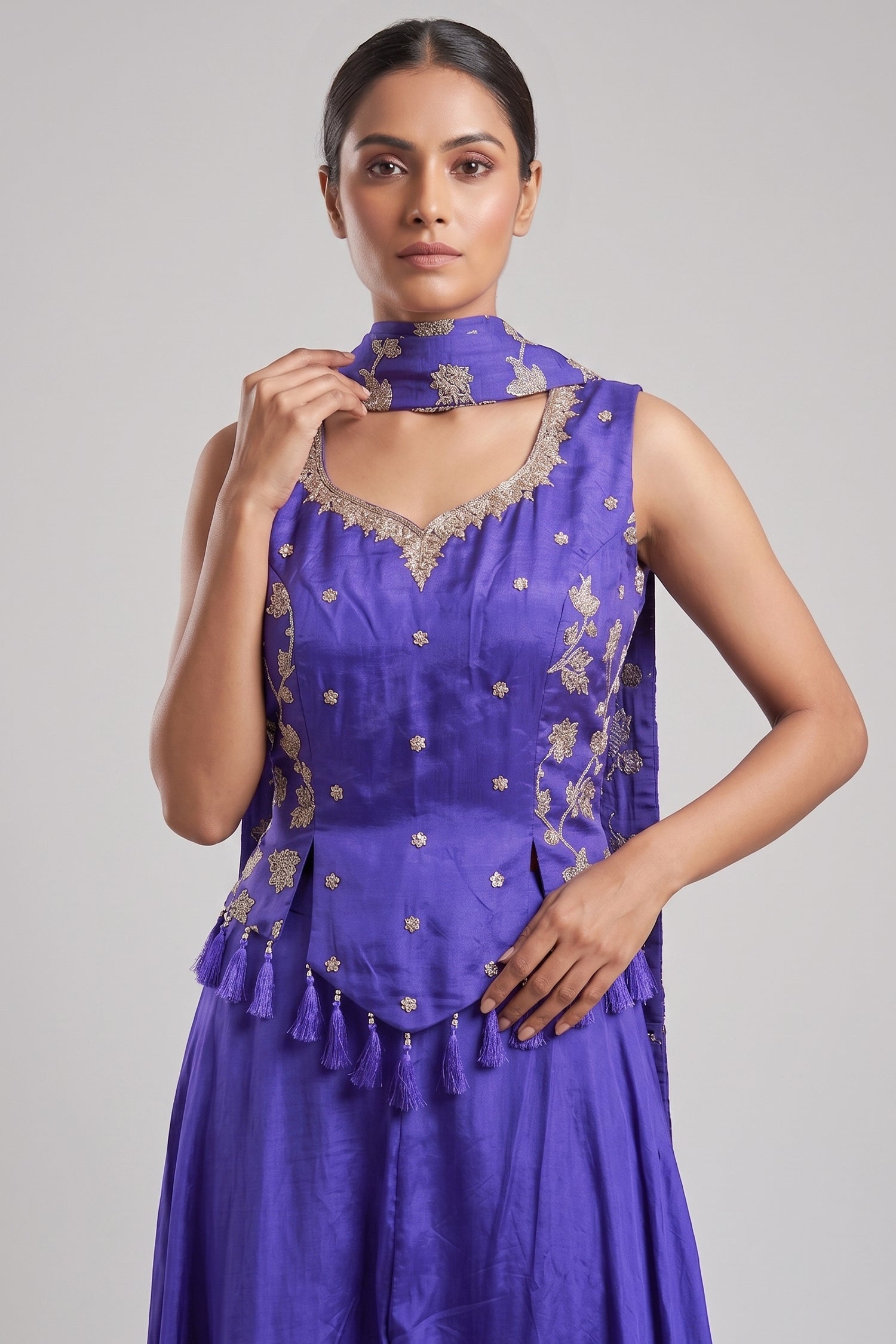Purple Crepe Silk Woven Work Palazzo Suit with Cutdana and Diamond Work Secondary image