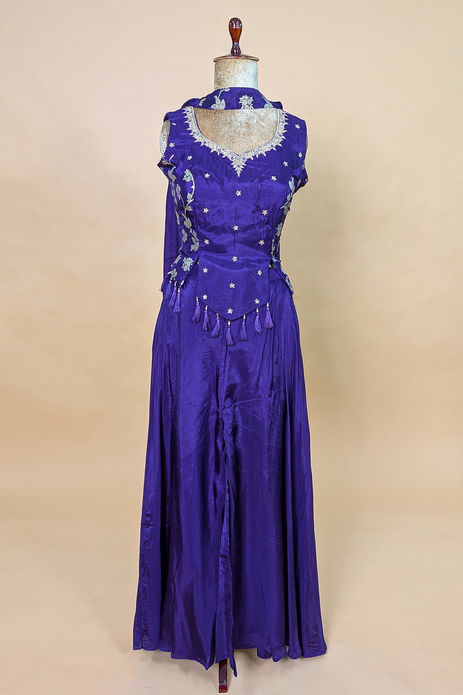 Purple Crepe Silk Woven Work Palazzo Suit with Cutdana and Diamond Work