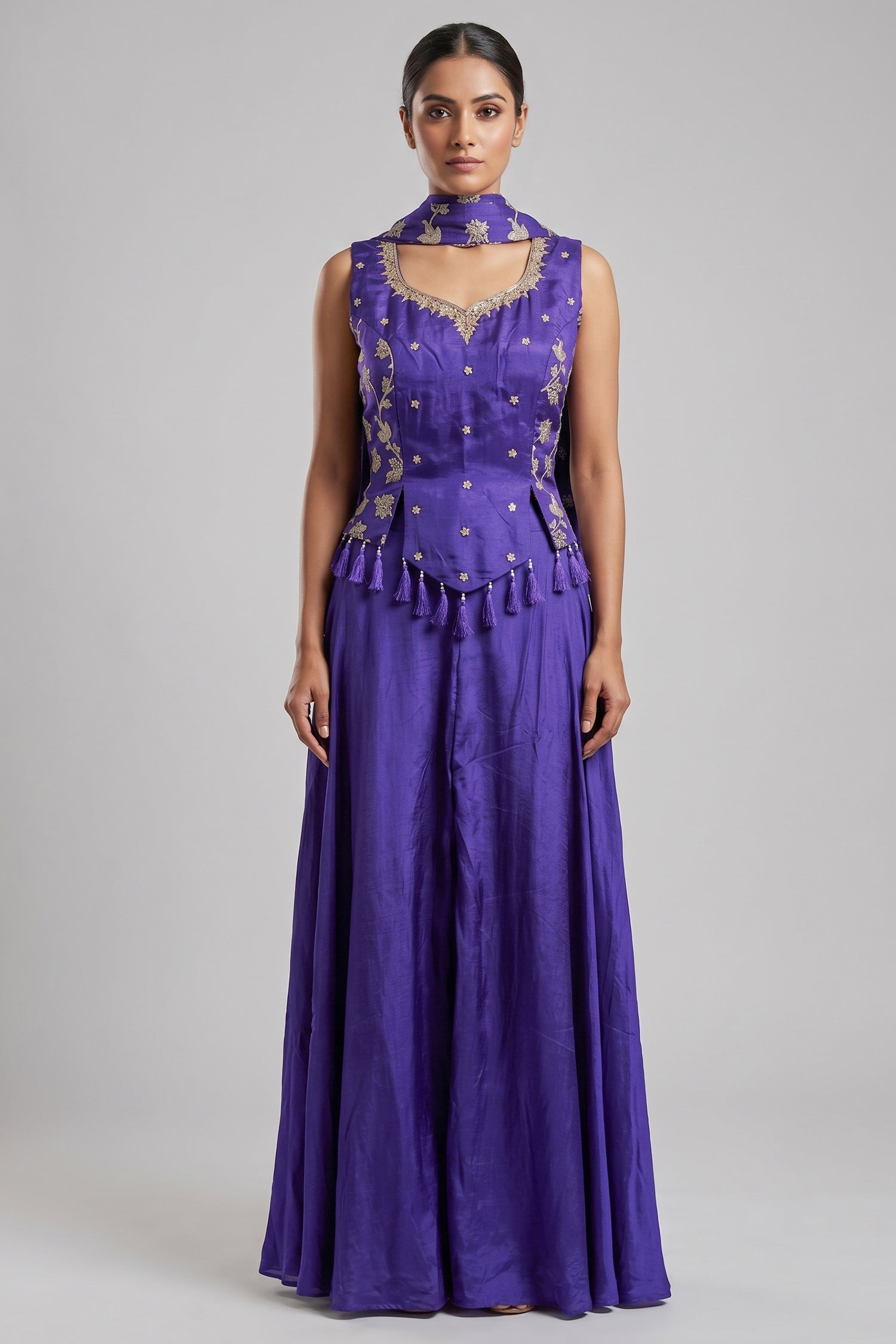 Purple Crepe Silk Woven Work Palazzo Suit with Cutdana and Diamond Work