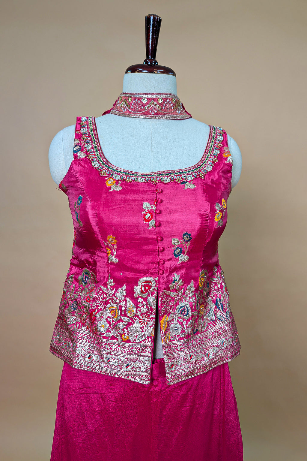 Rani Pink Chinon Silk Woven Palazzo Suit with Mirror Work