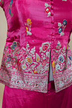 Rani Pink Chinon Silk Woven Palazzo Suit with Mirror Work