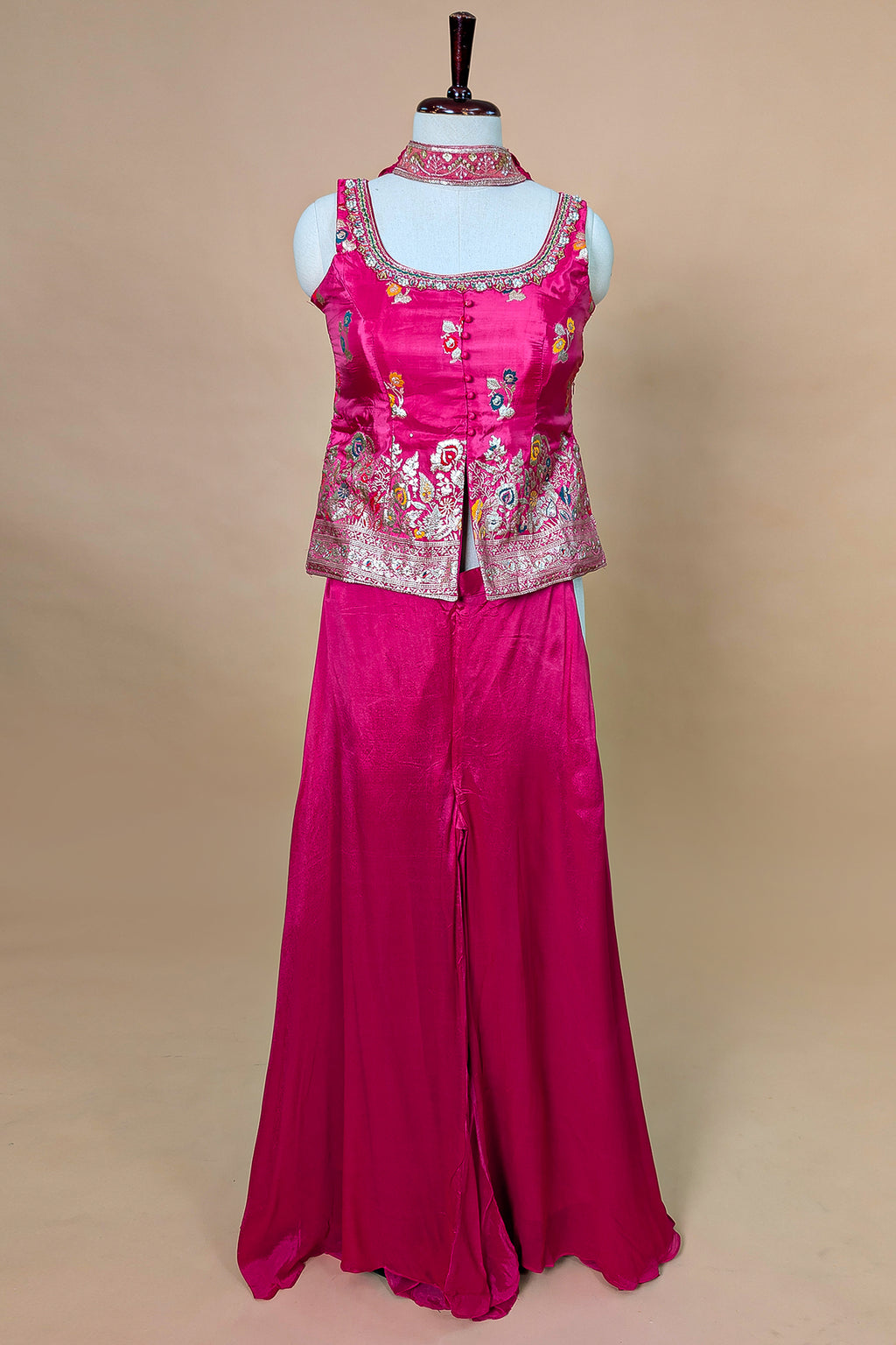 Rani Pink Chinon Silk Woven Palazzo Suit with Mirror Work