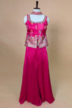 Rani Pink Chinon Silk Woven Palazzo Suit with Mirror Work
