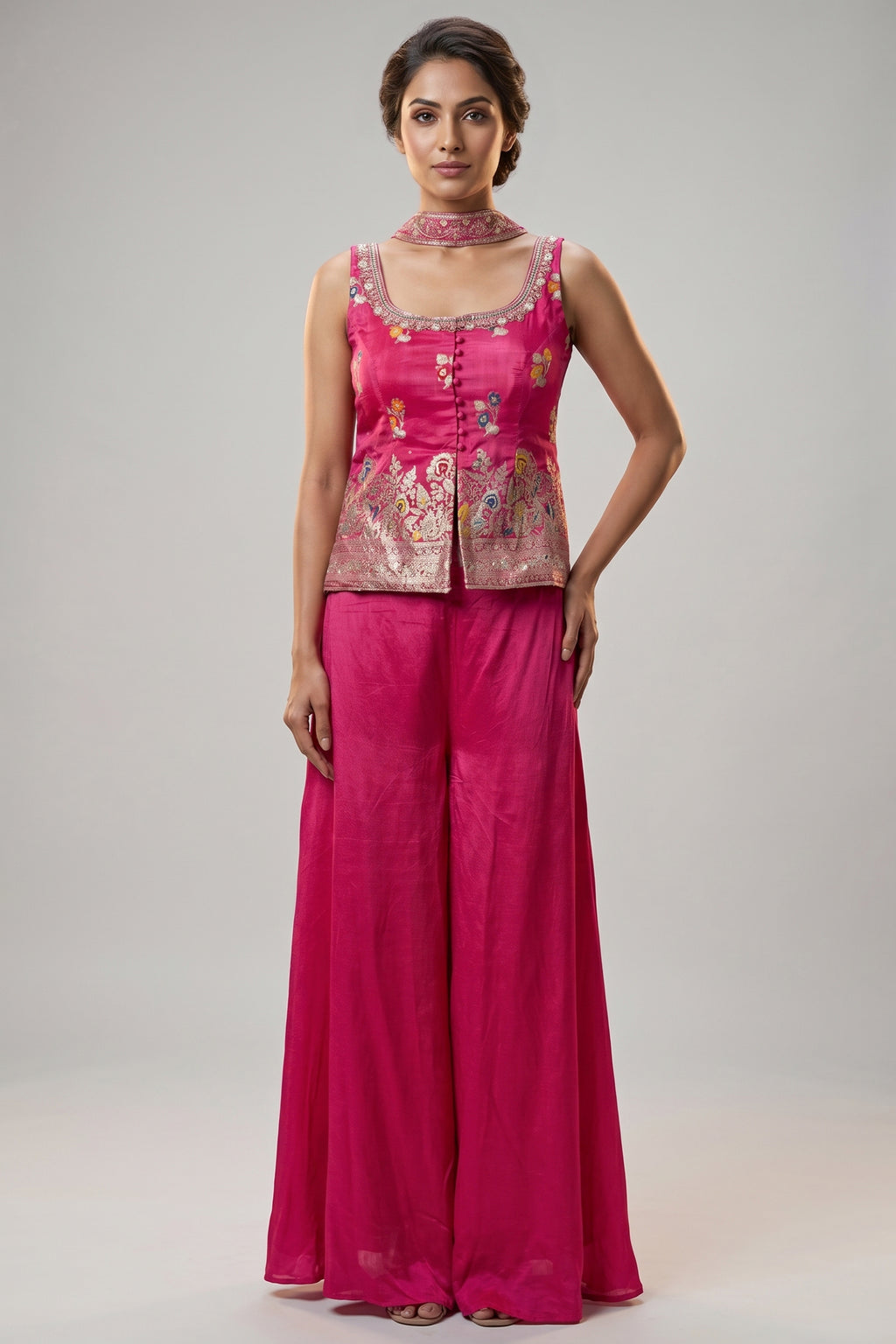 Rani Pink Chinon Silk Woven Palazzo Suit with Mirror Work