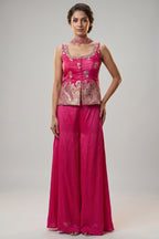 Rani Pink Chinon Silk Woven Palazzo Suit with Mirror Work