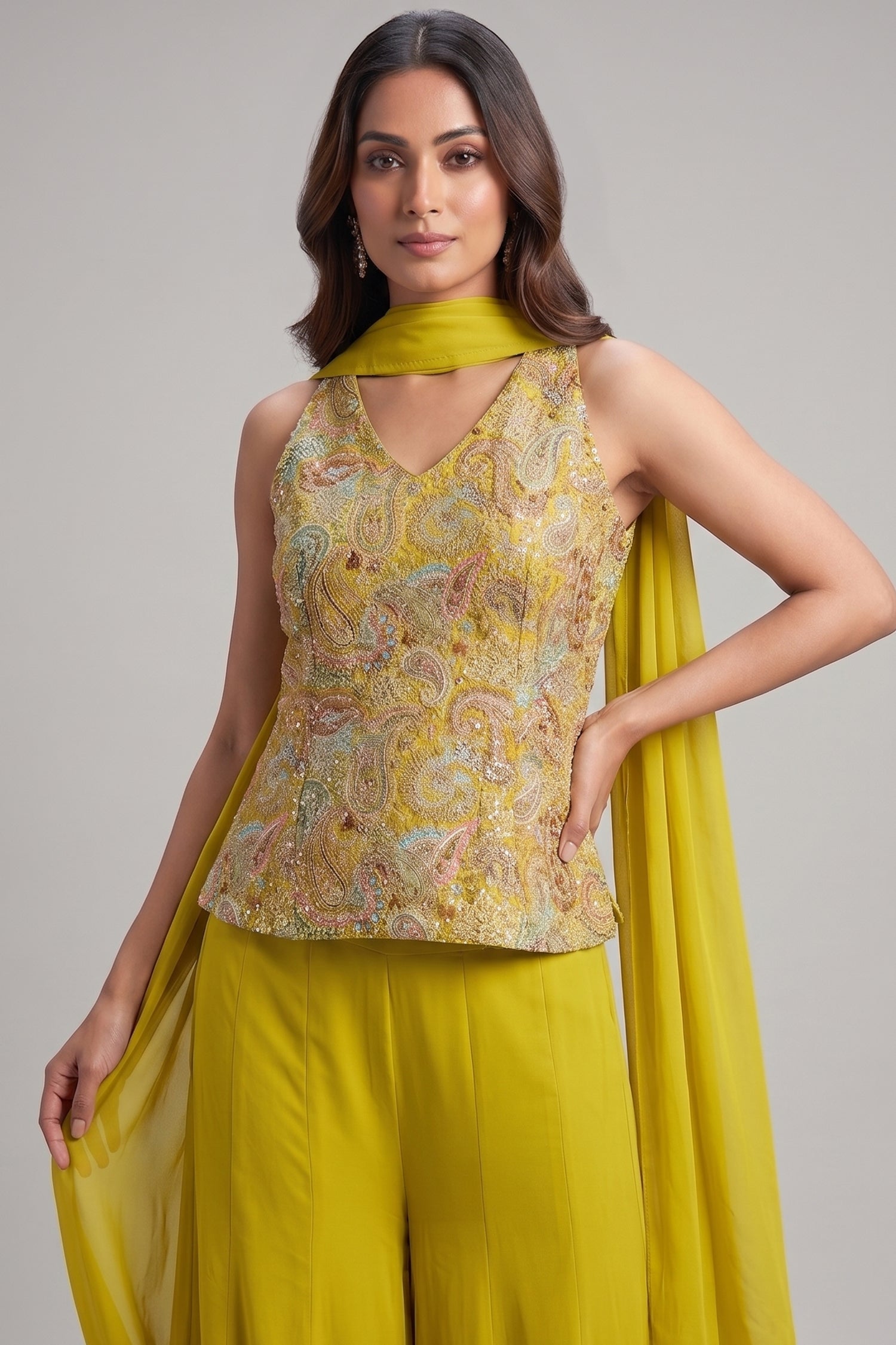 Yellow Georgette Embroidered Palazzo Suit Secondary image