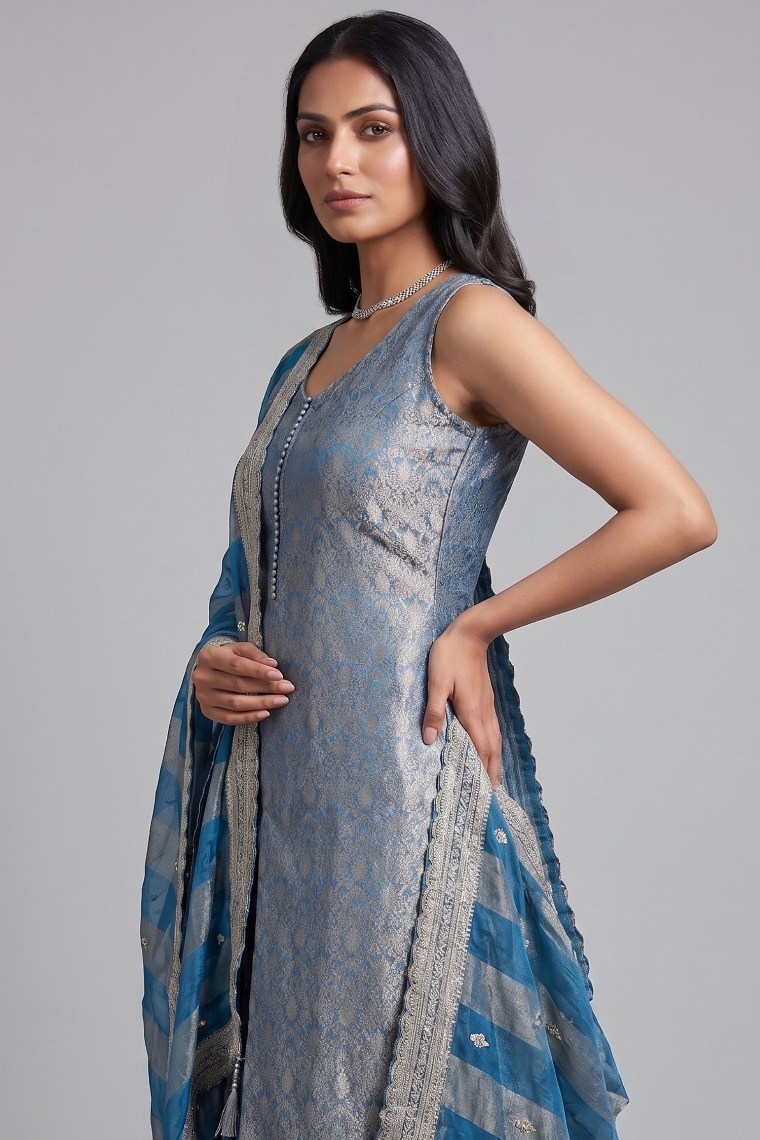 Blue Brocade Woven Slit Cut Palazzo Suit