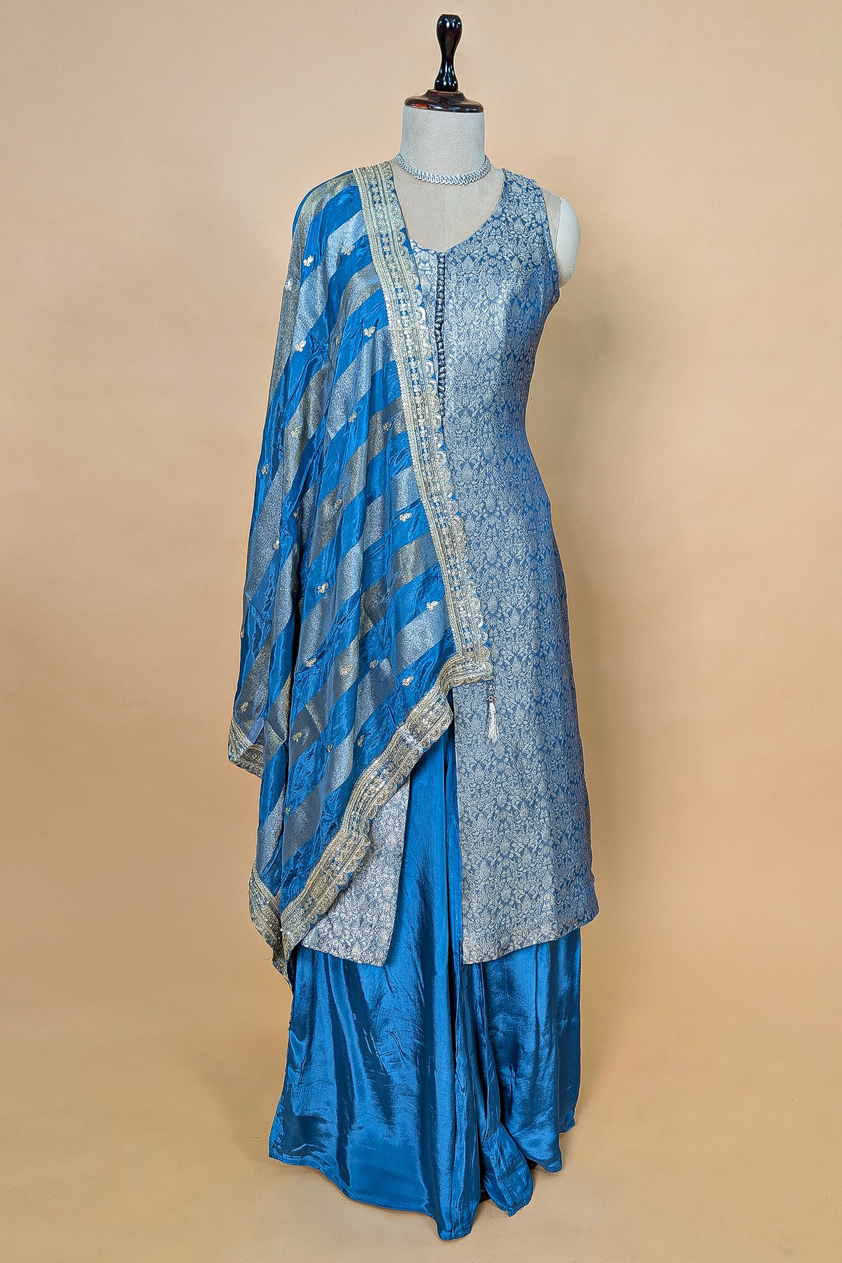 Blue Brocade Woven Slit Cut Palazzo Suit