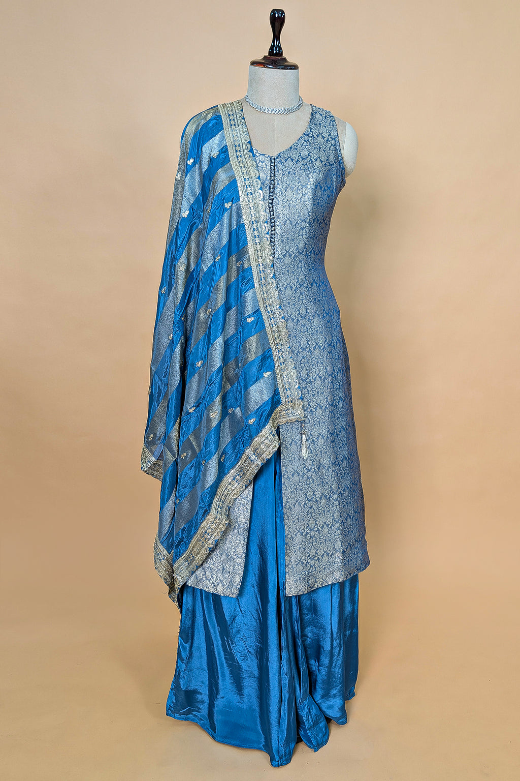 Blue Brocade Woven Slit Cut Palazzo Suit
