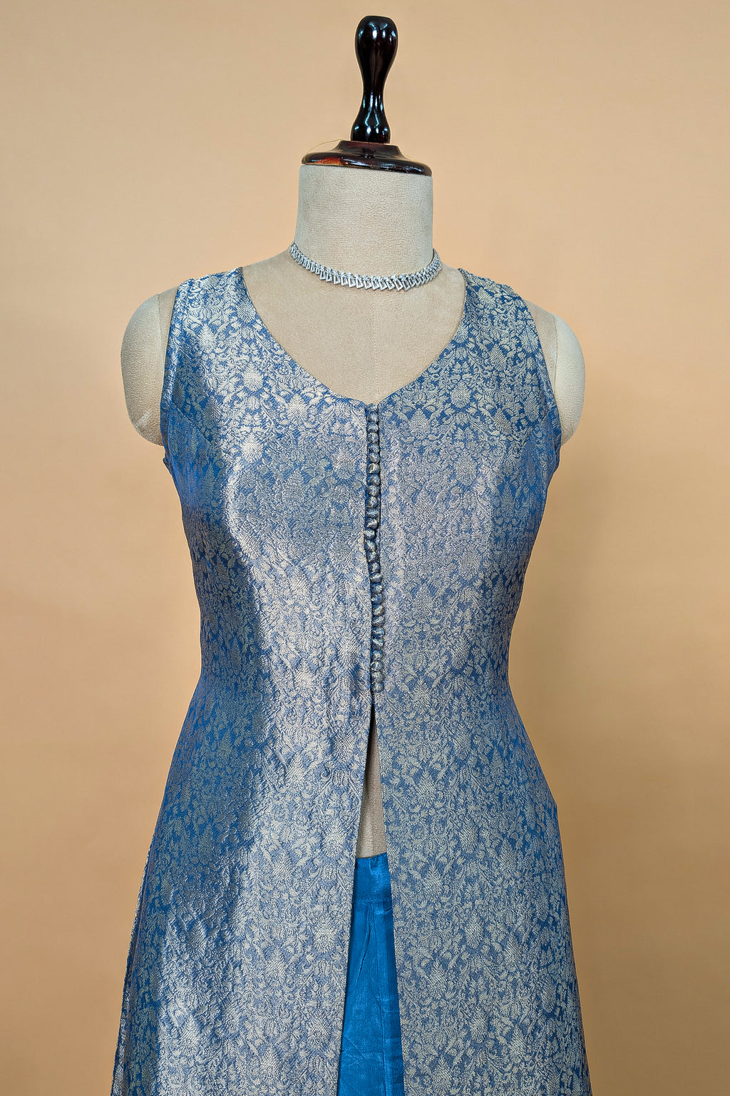 Blue Brocade Woven Slit Cut Palazzo Suit