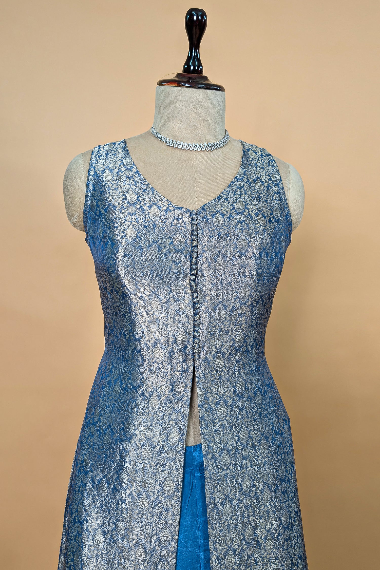 Blue Brocade Woven Slit Cut Palazzo Suit