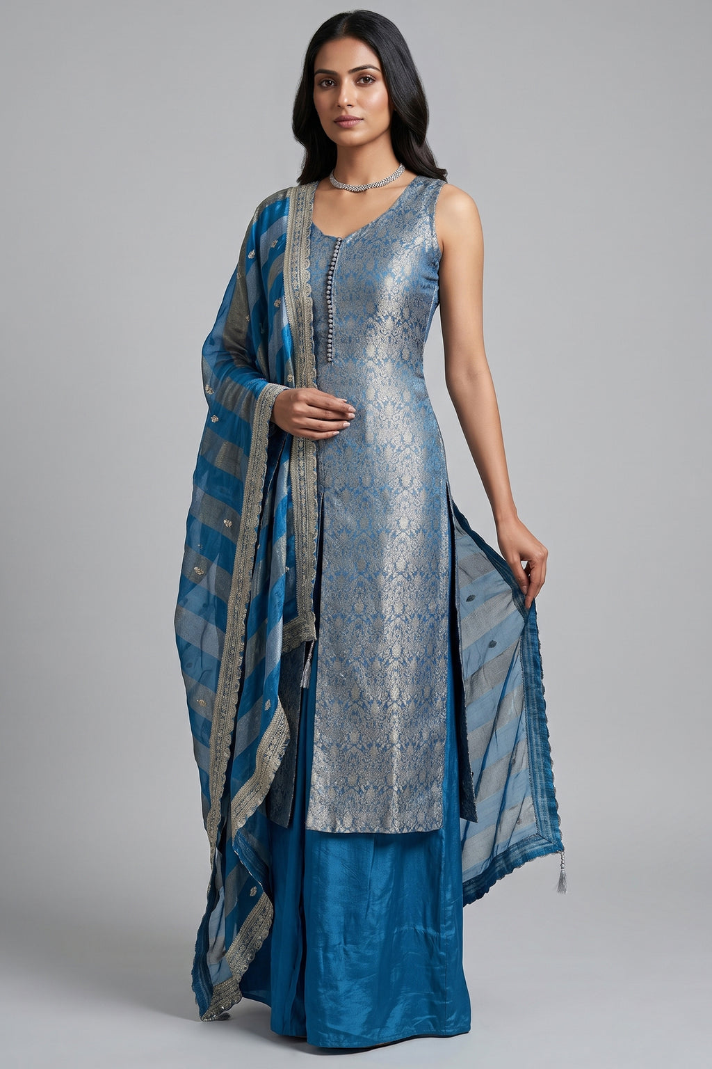 Blue Brocade Woven Slit Cut Palazzo Suit