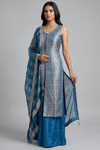 Blue Brocade Woven Slit Cut Palazzo Suit