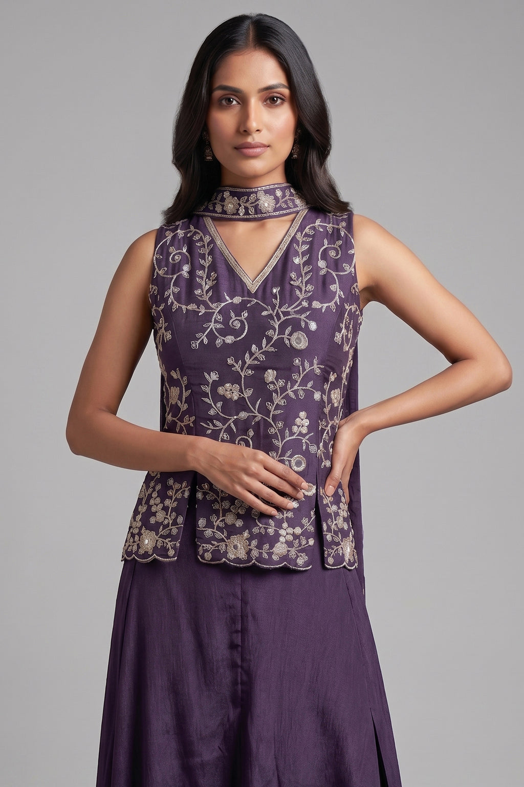 Dark Purple Chinon Silk Cutdana Sequin Worked Palazzo Suit