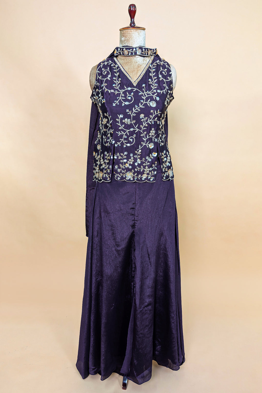 Dark Purple Chinon Silk Cutdana Sequin Worked Palazzo Suit