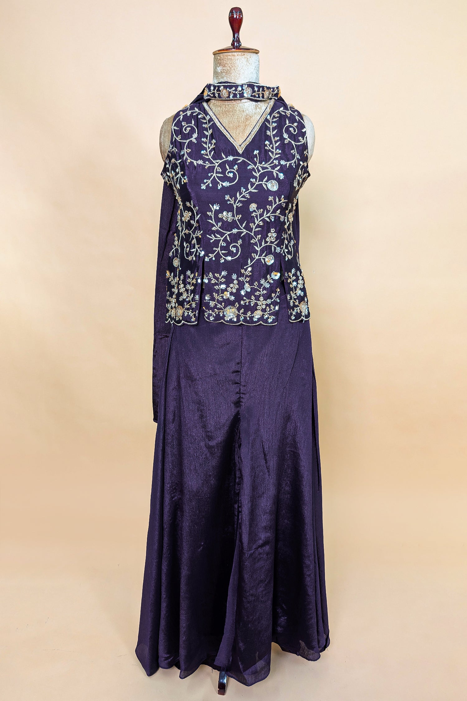Dark Purple Chinon Silk Cutdana Sequin Worked Palazzo Suit