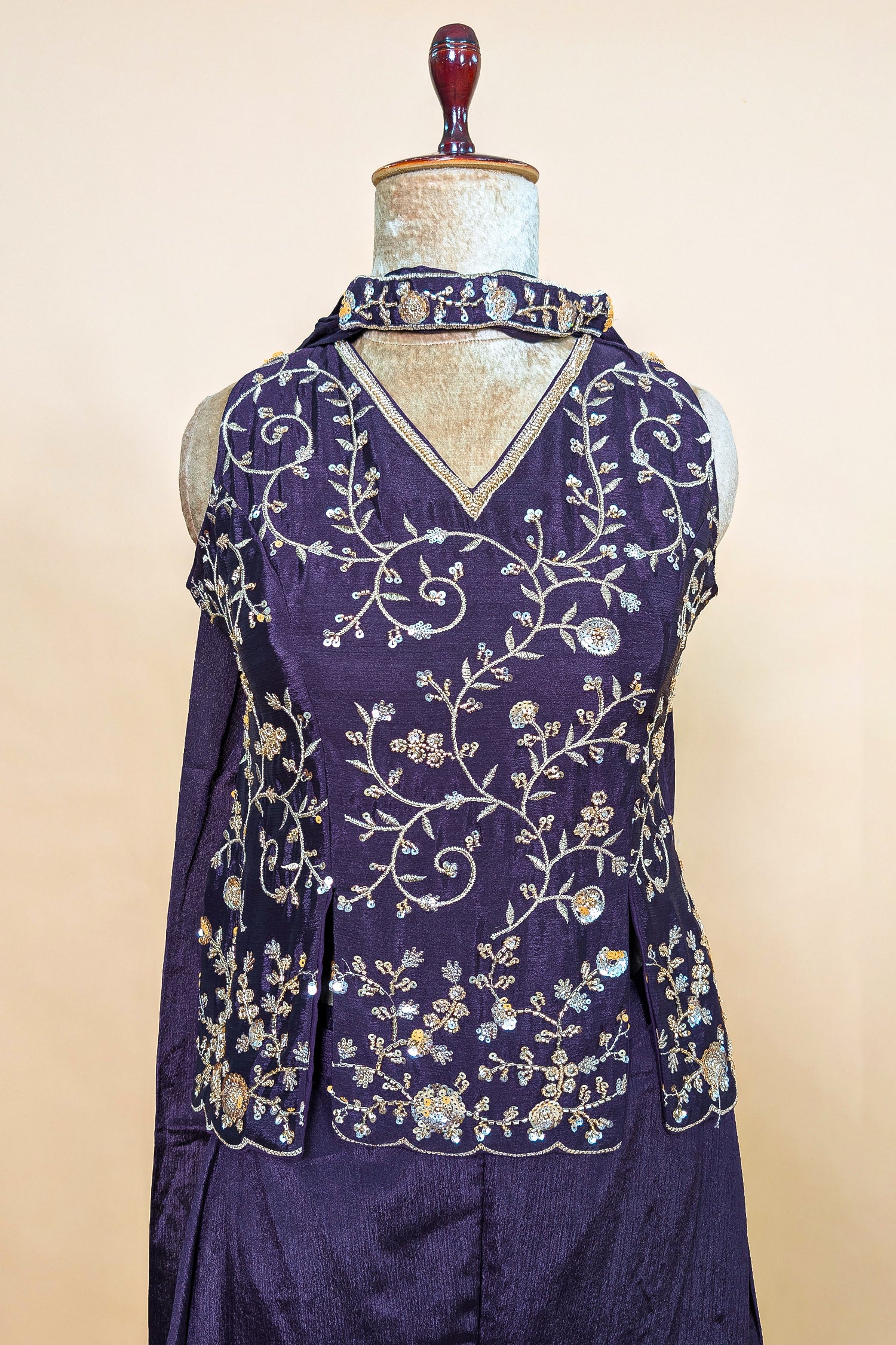 Dark Purple Chinon Silk Cutdana Sequin Worked Palazzo Suit