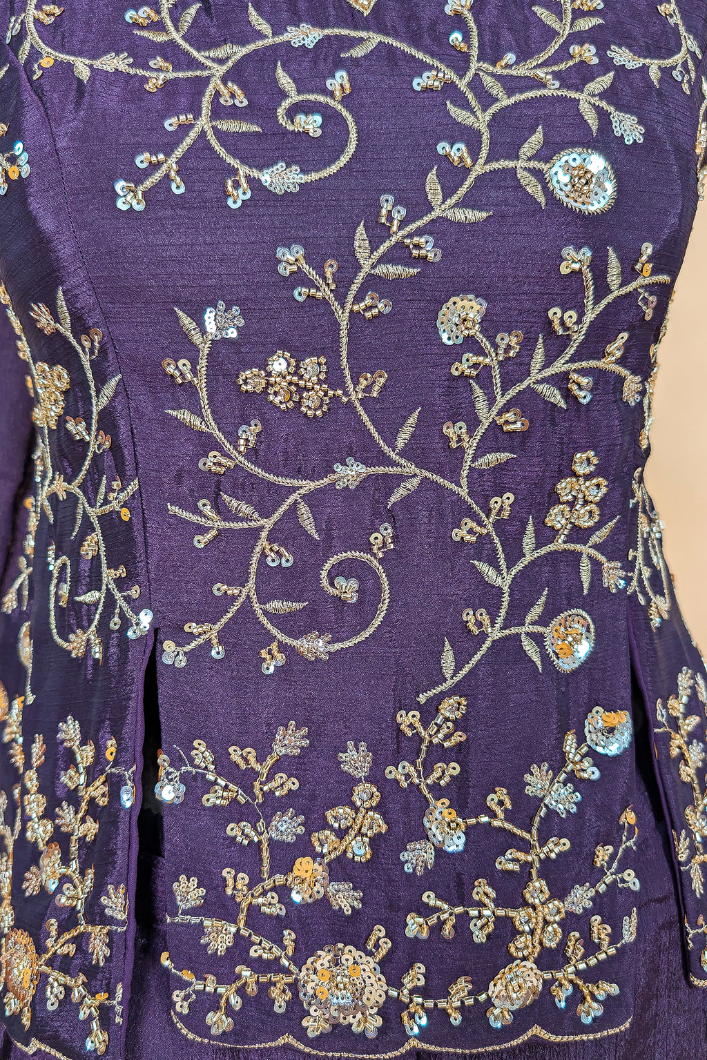 Dark Purple Chinon Silk Cutdana Sequin Worked Palazzo Suit
