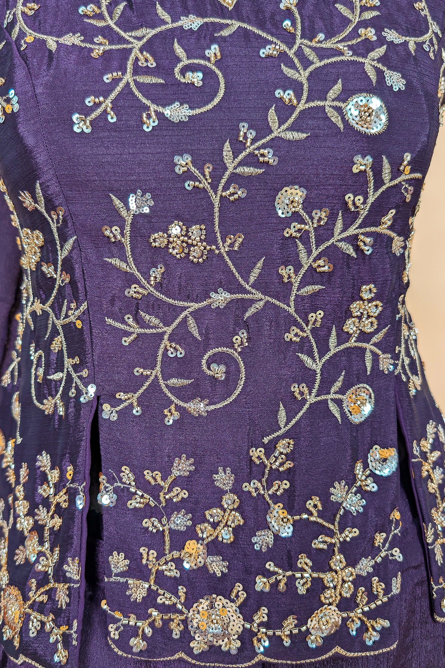 Dark Purple Chinon Silk Cutdana Sequin Worked Palazzo Suit