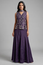 Dark Purple Chinon Silk Cutdana Sequin Worked Palazzo Suit