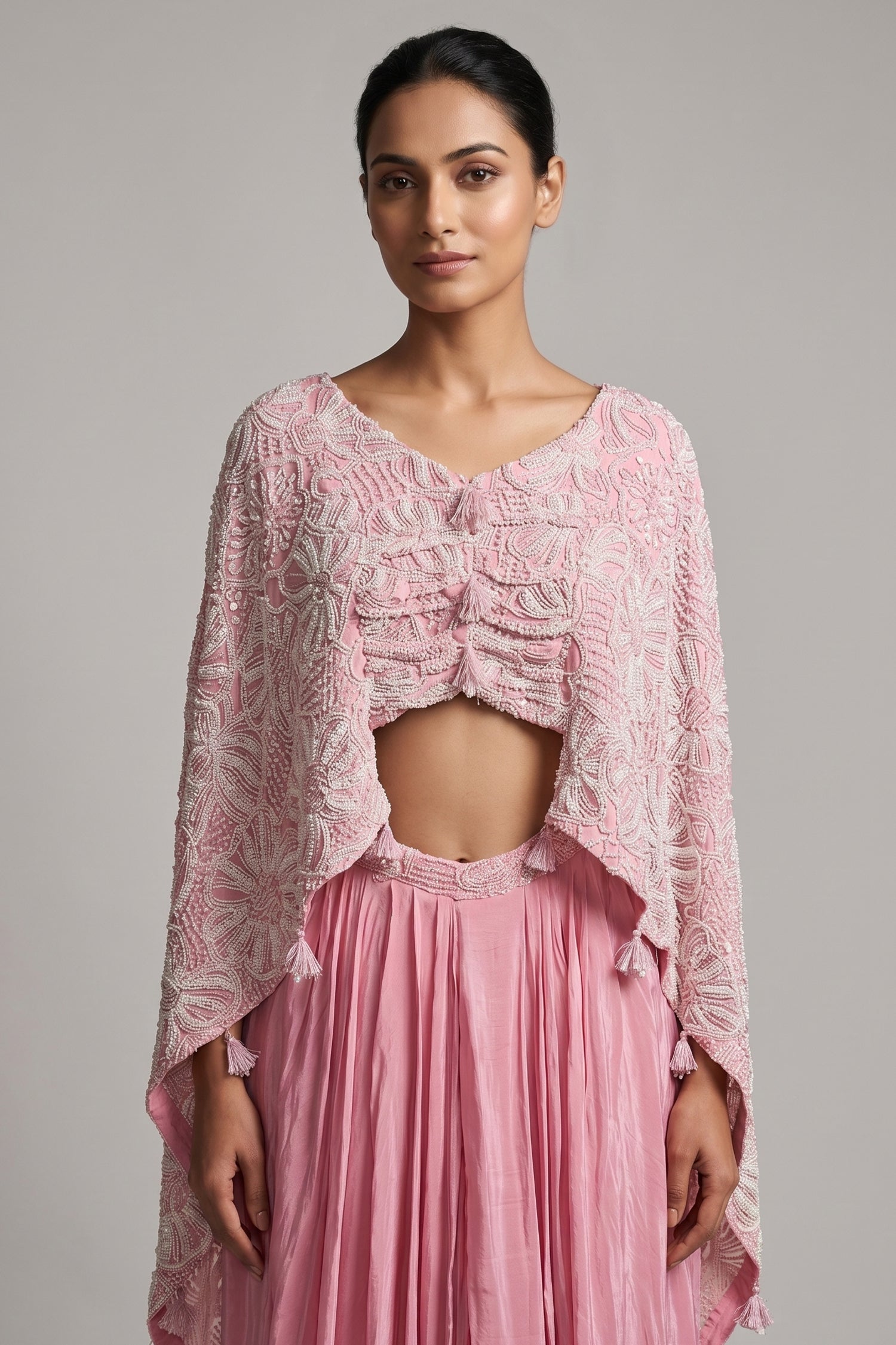 Light Pink Georgette Cutdana Beaded work Asymmetric Top and Dhoti Skirt Set Secondary image
