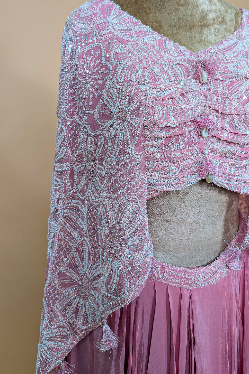 Light Pink Georgette Cutdana Beaded work Asymmetric Top and Dhoti Skirt Set