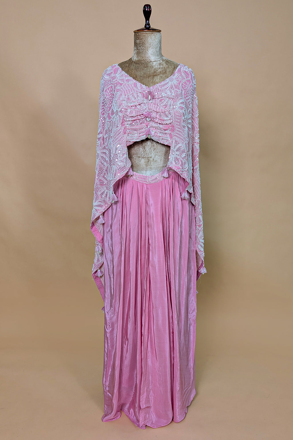 Light Pink Georgette Cutdana Beaded work Asymmetric Top and Dhoti Skirt Set