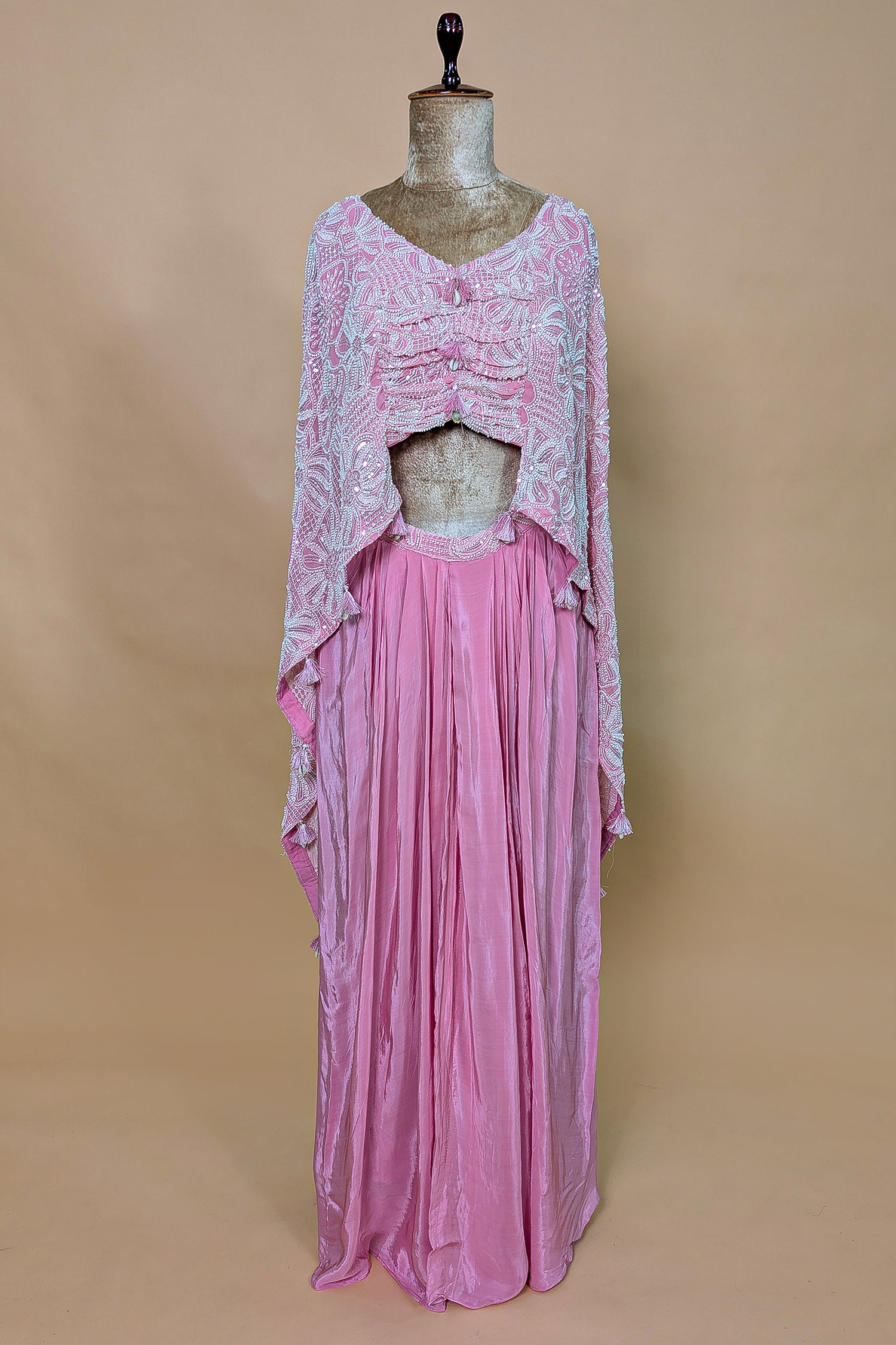 Light Pink Georgette Cutdana Beaded work Asymmetric Top and Dhoti Skirt Set