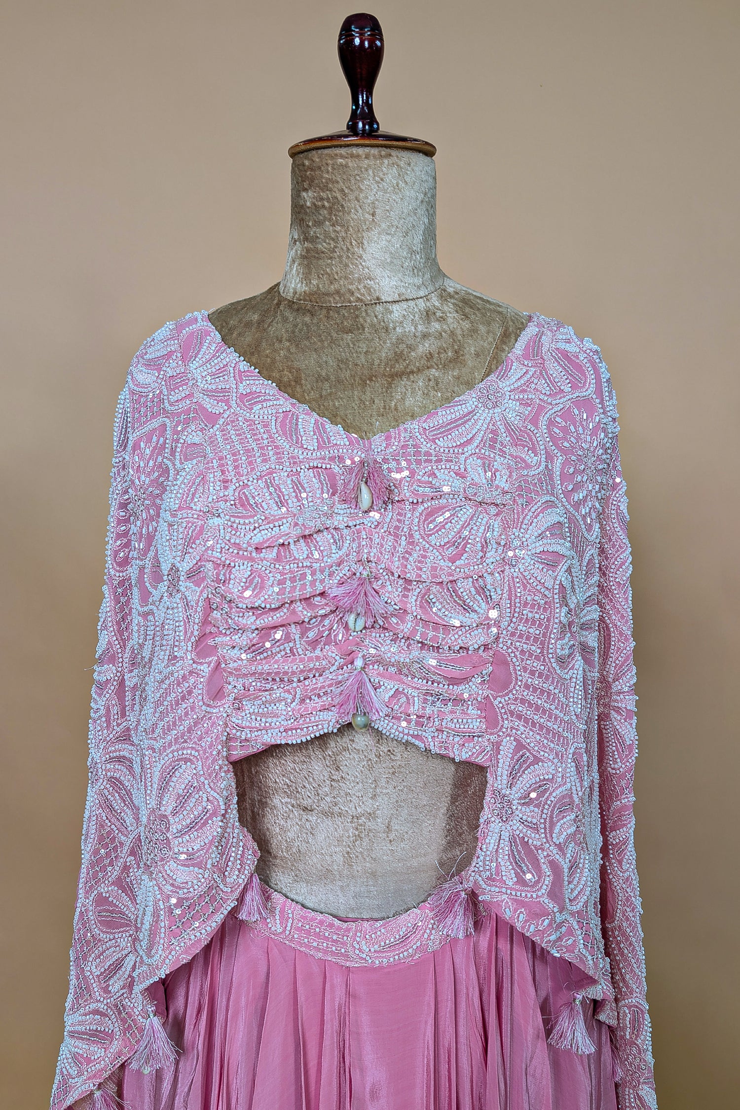 Light Pink Georgette Cutdana Beaded work Asymmetric Top and Dhoti Skirt Set