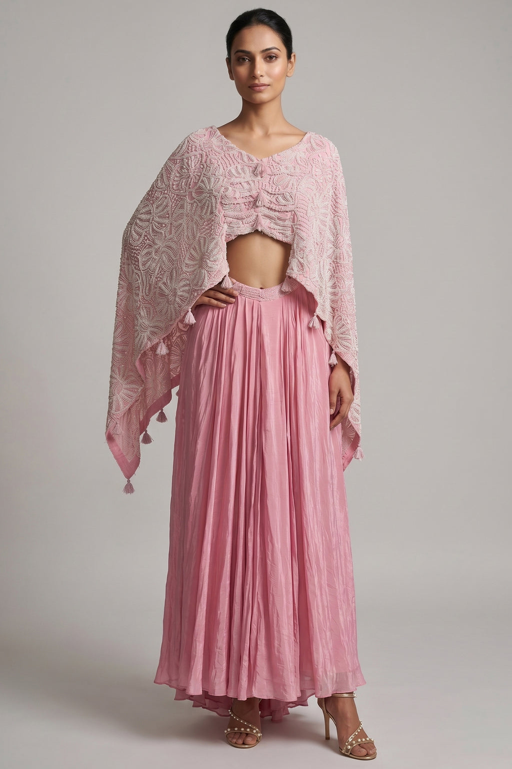 Light Pink Georgette Cutdana Beaded work Asymmetric Top and Dhoti Skirt Set