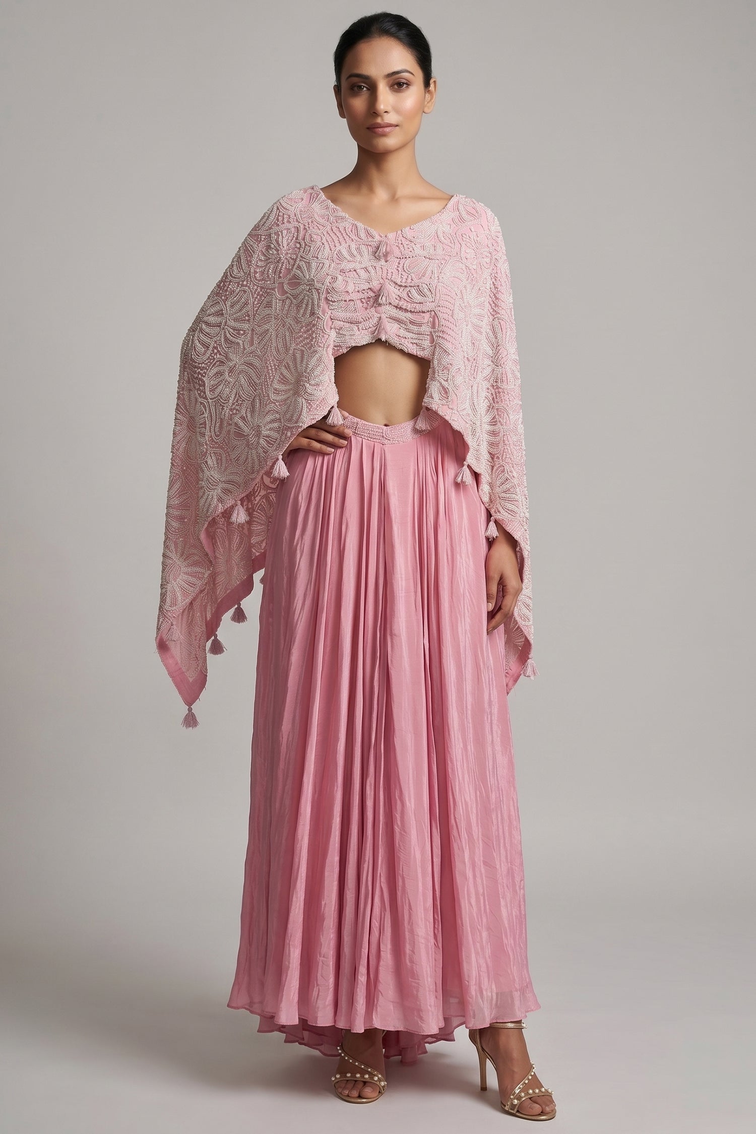 Light Pink Georgette Cutdana Beaded work Asymmetric Top and Dhoti Skirt Set