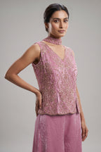 Lilac Purple Chinon Silk Cutdana Sequin Worked Palazzo Suit