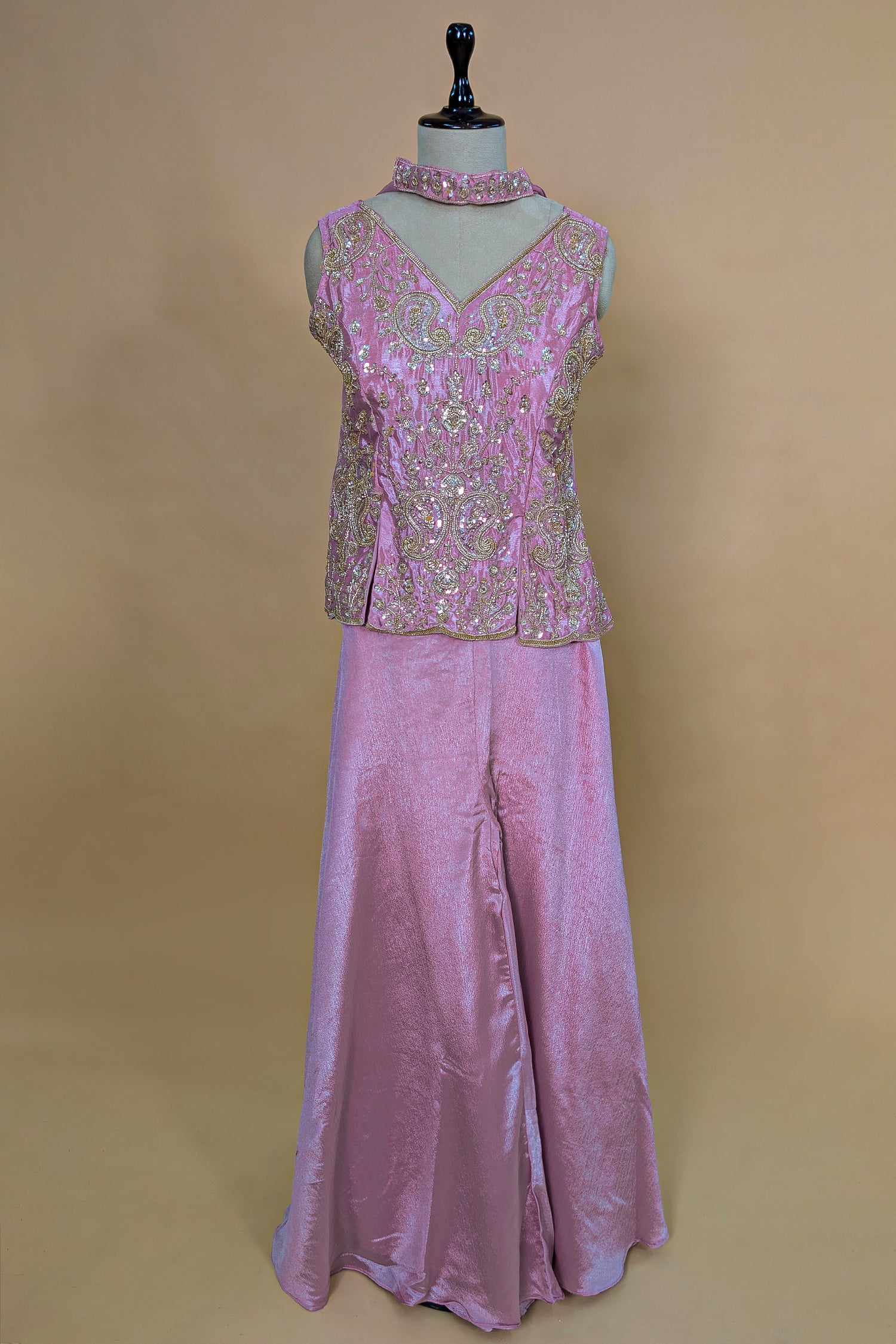 Lilac Purple Chinon Silk Cutdana Sequin Worked Palazzo Suit