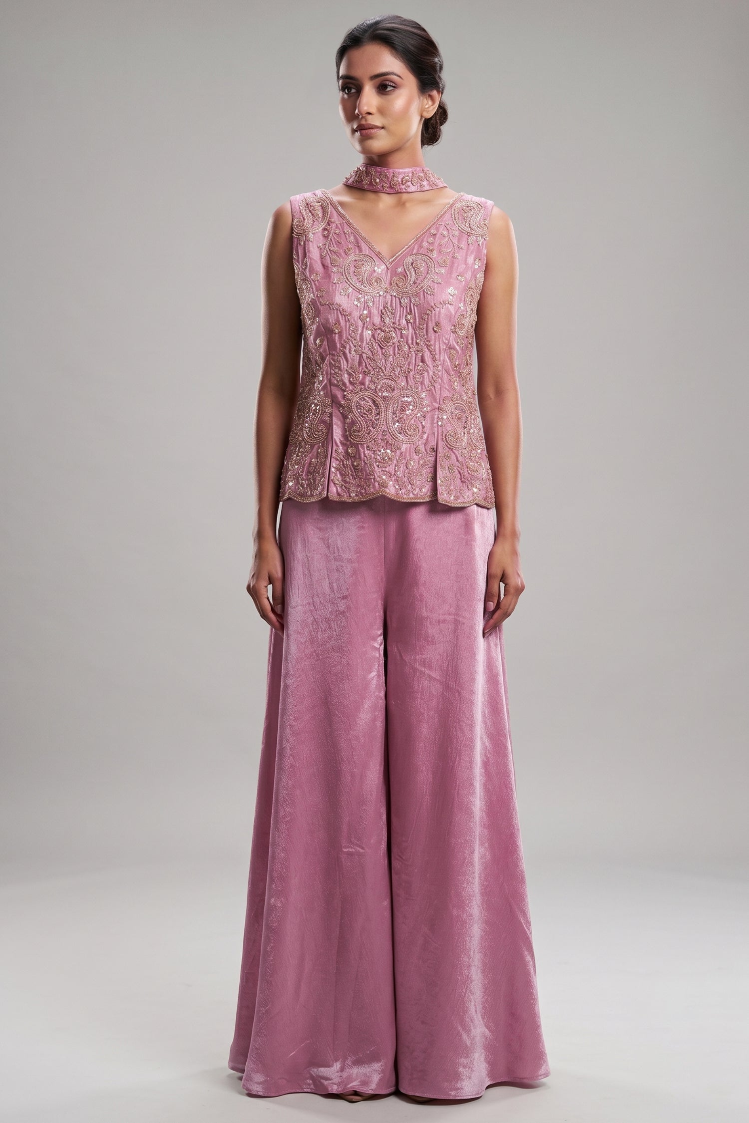 Lilac Purple Chinon Silk Cutdana Sequin Worked Palazzo Suit