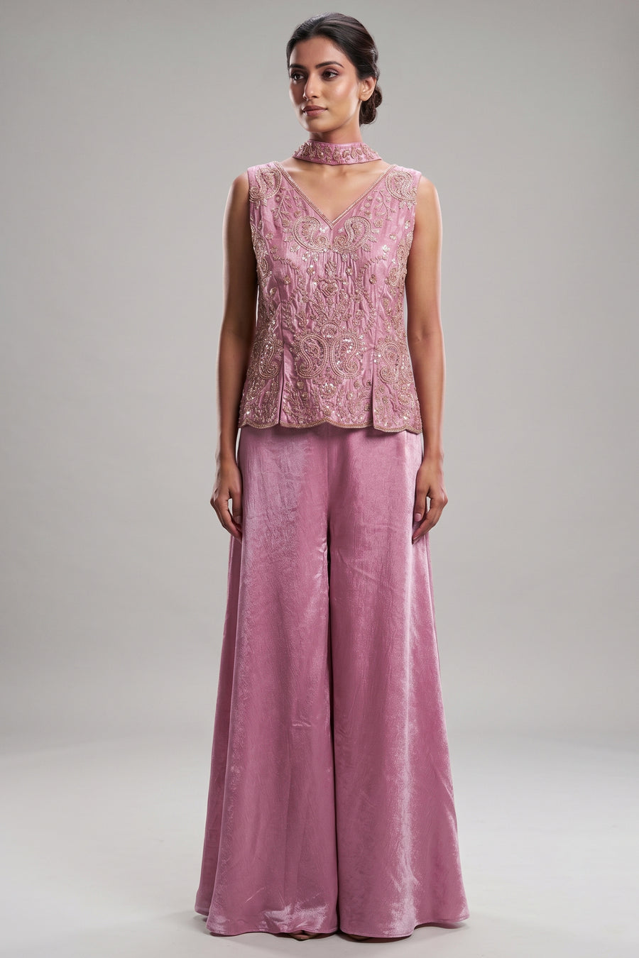 Lilac Purple Chinon Silk Cutdana Sequin Worked Palazzo Suit