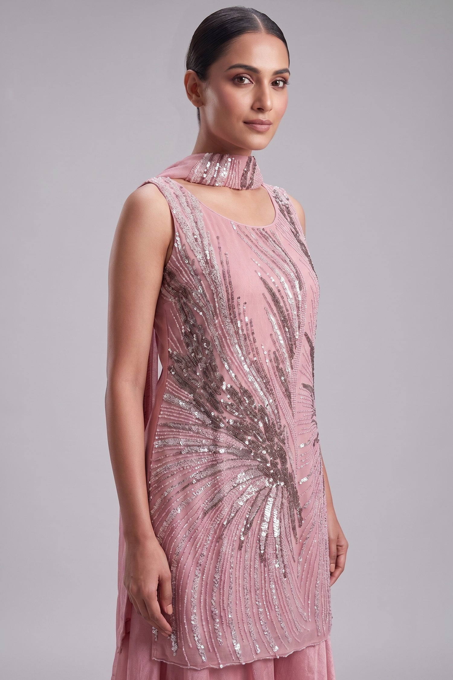 Pink Net Cutdana Sequin Worked Palazzo Suit Secondary image