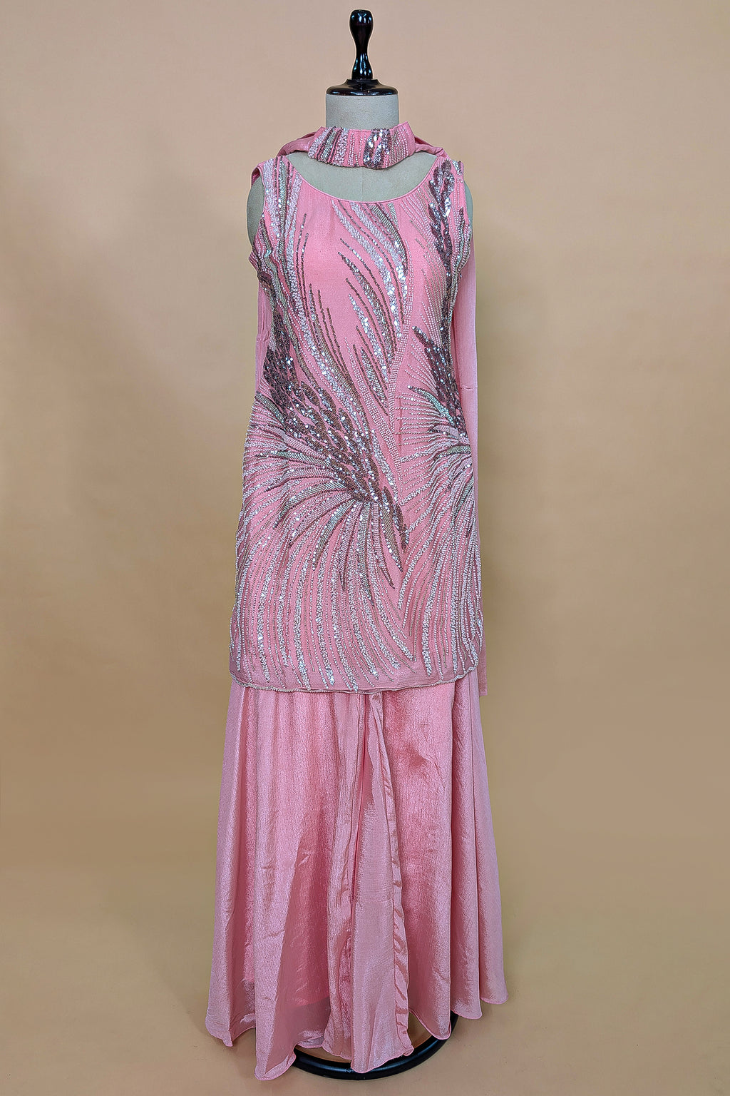 Pink Net Cutdana Sequin Worked Palazzo Suit